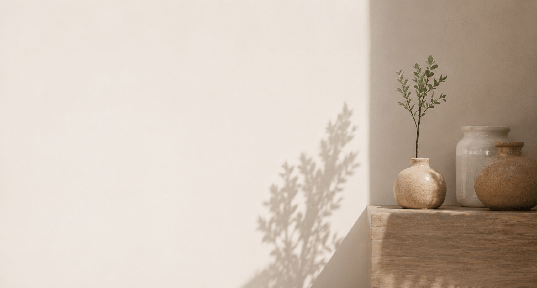 A quiet ceramic still life on a sunlit surface with soft plant shadows.